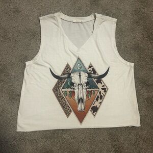Avery Cream Muscle Tee with Bull Skull Design